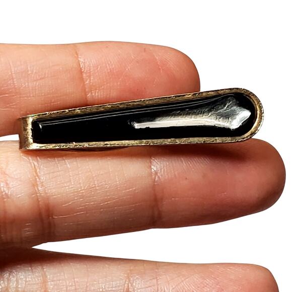 Tie Clip Black Silver Tone Vtg 1.5" - Picture 1 of 3